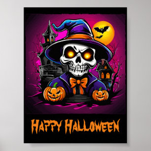 Poster Cartoon Colorida Skeleton Halloween Pumpkin