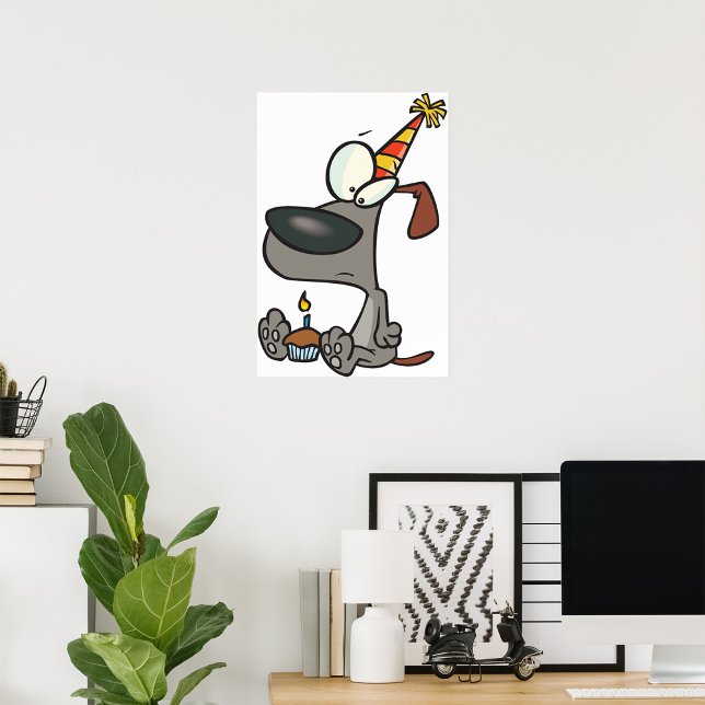 Poster Cartoon de Cachorro Triste de Aniversário com Bolo (Criador carregado)