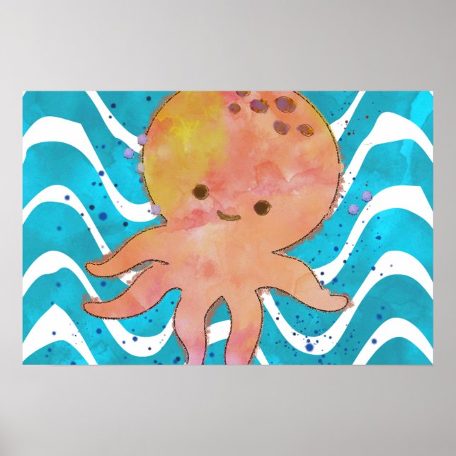 Poster Cartoon de Cores Aquáticas de Octopus (Frente)