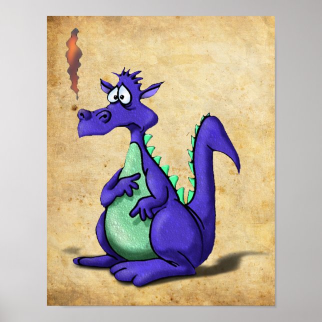 Poster Cartoon de Dragão Roxo Preocupado (Frente)