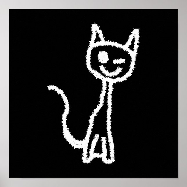 Pôster Cartoon de Gato Branco Bonito. Em Preto. (Frente)