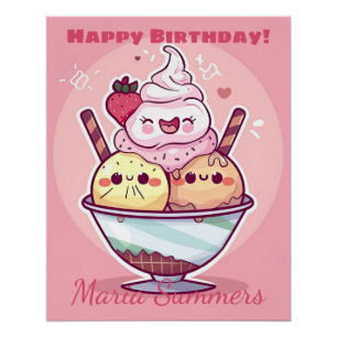 Pôster Cartoon de Gelado Kawaii do Partido Feliz Aniversá