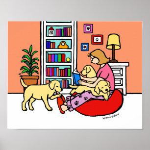 Poster Cartoon de Leitura de Labrador Amarelo