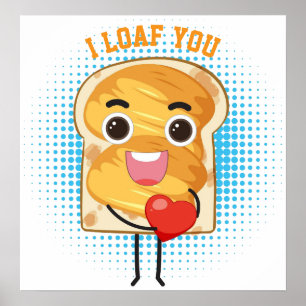 Poster Cartoon de torrada de pão Kawaii bonito com coraçã