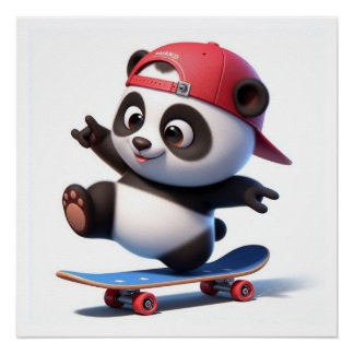 Pôster Cartoon divertido Panda no skate