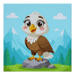 Pôster Cartoon Eagle on Rock – Cute Vector Character