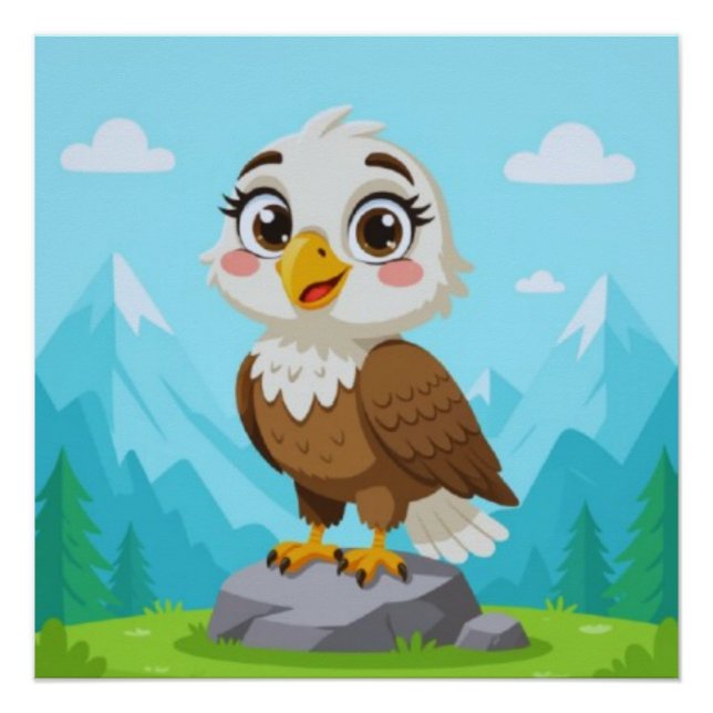 Pôster Cartoon Eagle on Rock – Cute Vector Character (Frente)