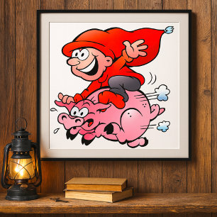 Poster Cartoon Engraçado Gnomo Voando