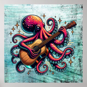 Poster Cartoon Engraçado Octopus Tocando Violão