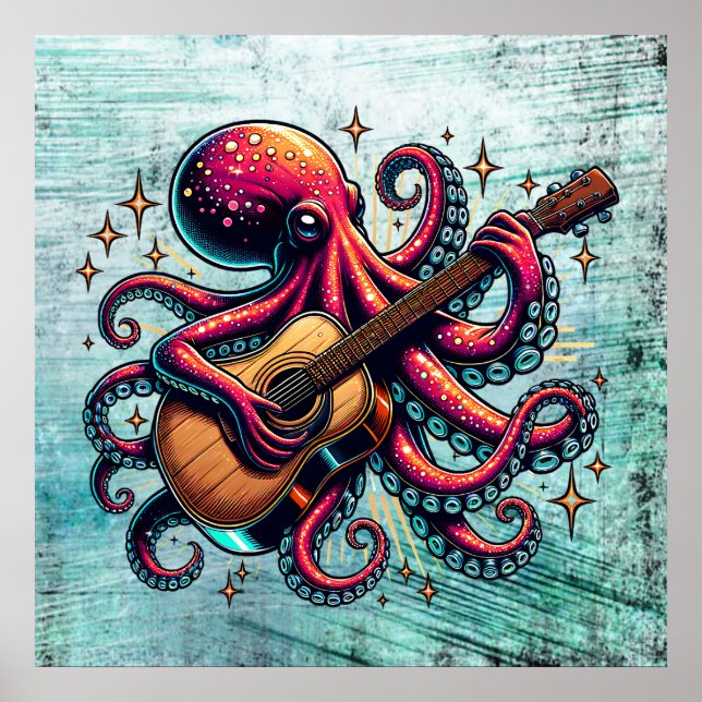 Poster Cartoon Engraçado Octopus Tocando Violão (Frente)