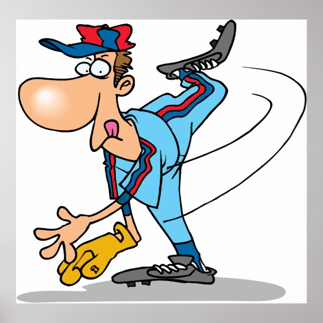 Poster Cartoon engraçado Pitcher jogando bola no chão (Frente)
