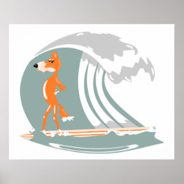 Pôster Cartoon Fox on a Surfboard