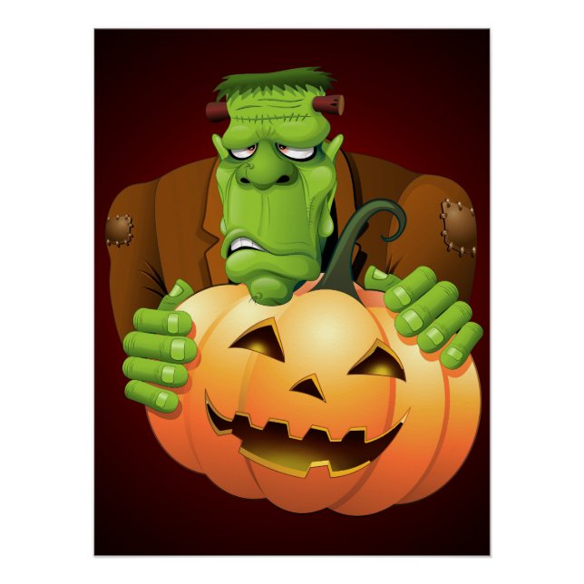Pôster Cartoon Frankenstein Monster com Pumpkin (Frente)