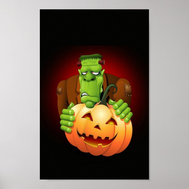 Pôster Cartoon Frankenstein Monster com Pumpkin (Frente)