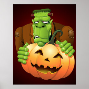 Poster Cartoon Frankenstein Monster com Pumpkin