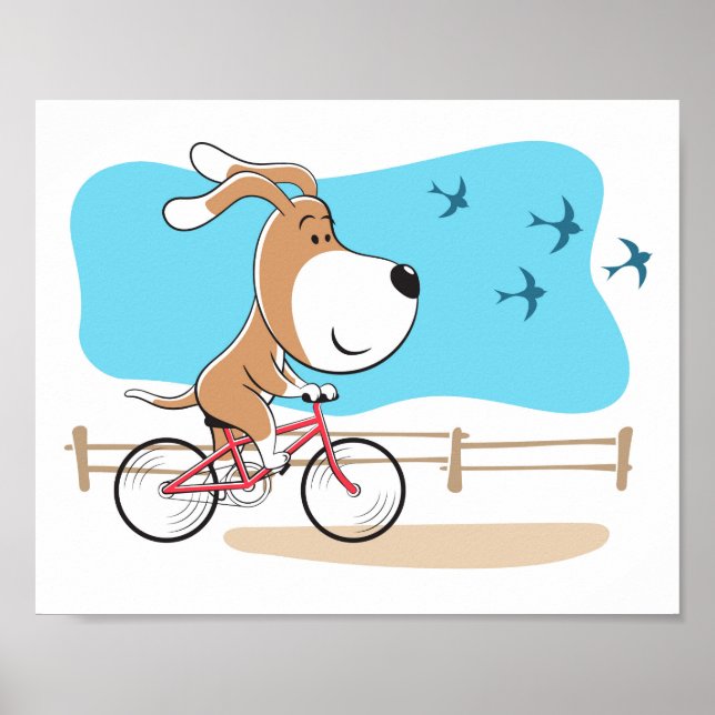 Poster Cartoon Funny Dog Puppy Biking Bicycle Sport (Frente)