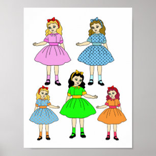 Poster Cartoon Girls Paper dolls art colage sheet