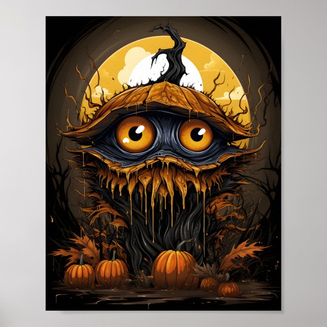 Poster Cartoon Halloween Tree Pumpkin Com Olhos Estranhos (Frente)