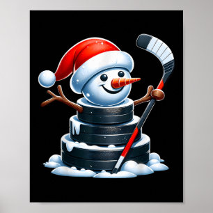 Poster Cartoon Ice Hockey Puck Snowman Com Santa Hat Chr