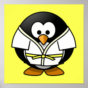 Pôster Cartoon Judo Penguin Yellow Background