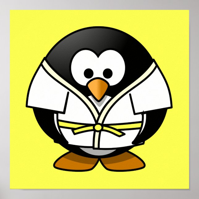 Pôster Cartoon Judo Penguin Yellow Background (Frente)