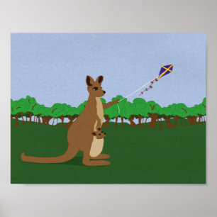 Poster Cartoon Kangaroos voando uma pipa