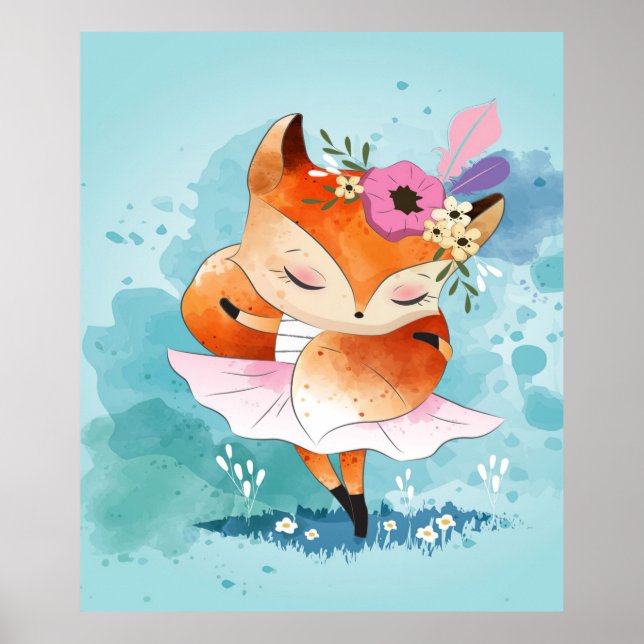 Poster Cartoon Little Fox | Fox Floral Adorável (Frente)
