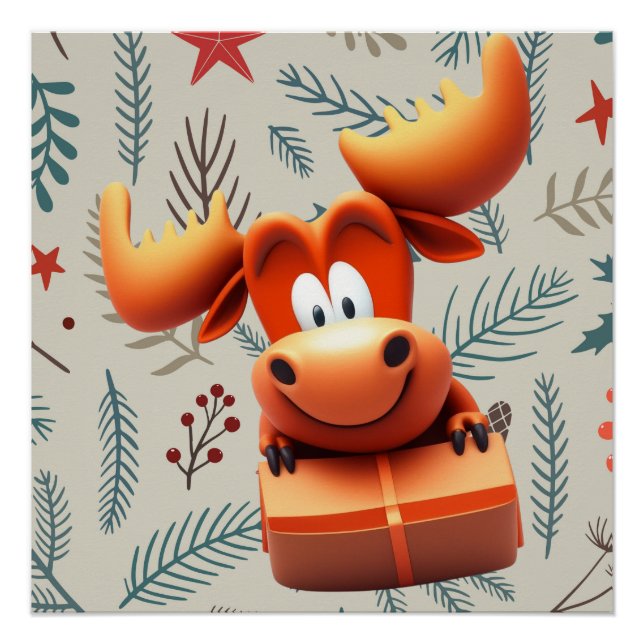 Pôster Cartoon Moose com Presente no Padrão de Natal (Frente)