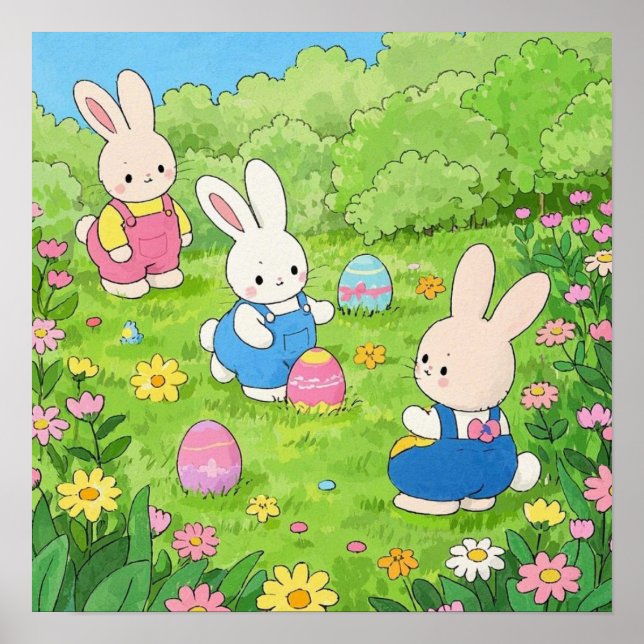 Poster Cartoon Páscoa escondendo ovos em um jardim (Frente)