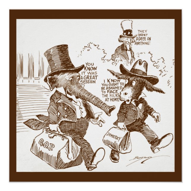 Pôster Cartoon político EUA c. Elefante e burro 1920 (Frente)