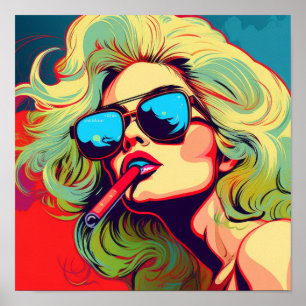 Poster Cartoon Poste de fumaça de Pop-Art loira vibrante