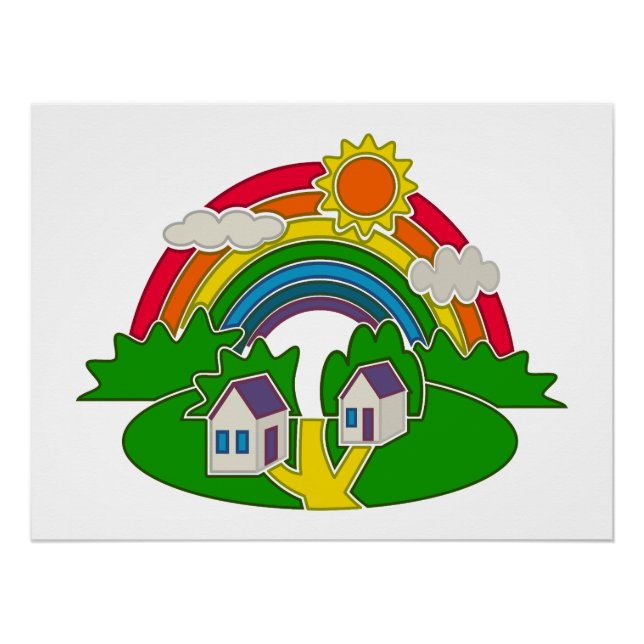 Pôster Cartoon rural com arco-íris e casa de campo (Frente)