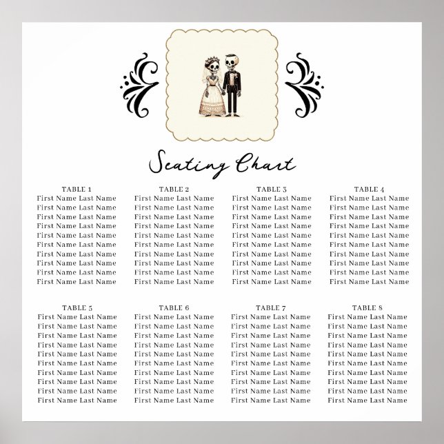 Poster Cartoon Skeleton Bride + Groom Whimsical Seating (Frente)