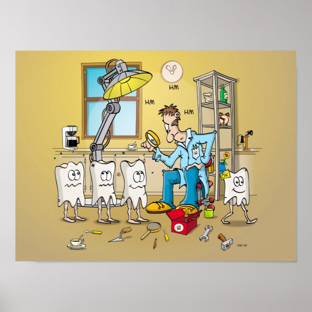 Poster Cartoon; tanden op controle bij de tandarts (Frente)