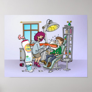 Poster Cartoon; tanden poetsen bij de mondhygiëniste.
