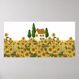 Poster Casa, árvores altas e um campo de girassóis no