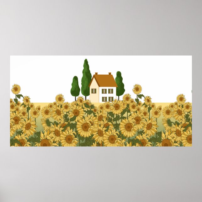 Poster Casa, árvores altas e um campo de girassóis no (Frente)