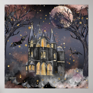 Poster Casa Assombrada   Árvore lunar e morcegos