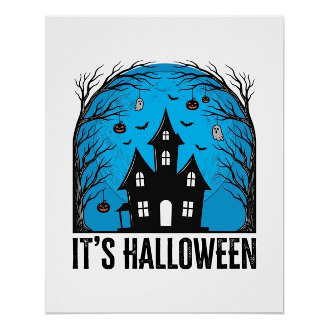 Pôster Casa Assombrada de Halloween Lua Xilogravura Vinta (Frente)
