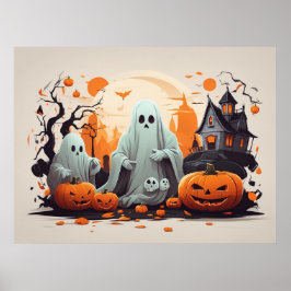 Poster Casa Assombrada, Fantasma e Pumpkins Halloween