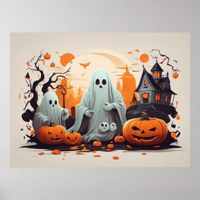 Poster Casa Assombrada, Fantasma e Pumpkins Halloween (Frente)