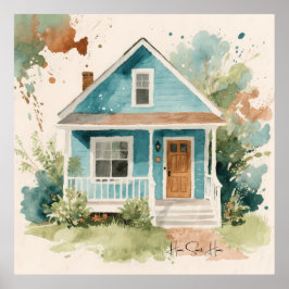 Poster Casa Azul Teal Boho Aquarela 