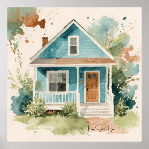 Poster Casa Azul Teal Boho Aquarela 
