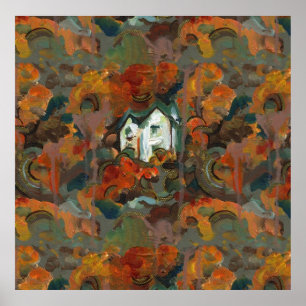 Pôster Casa Branca e Árvores do outono