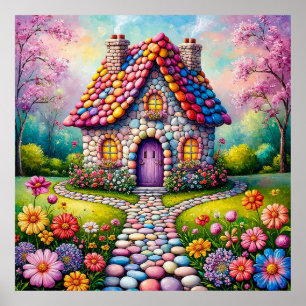 Poster Casa Caprichosa Com Jardim de Flores Vibrantes