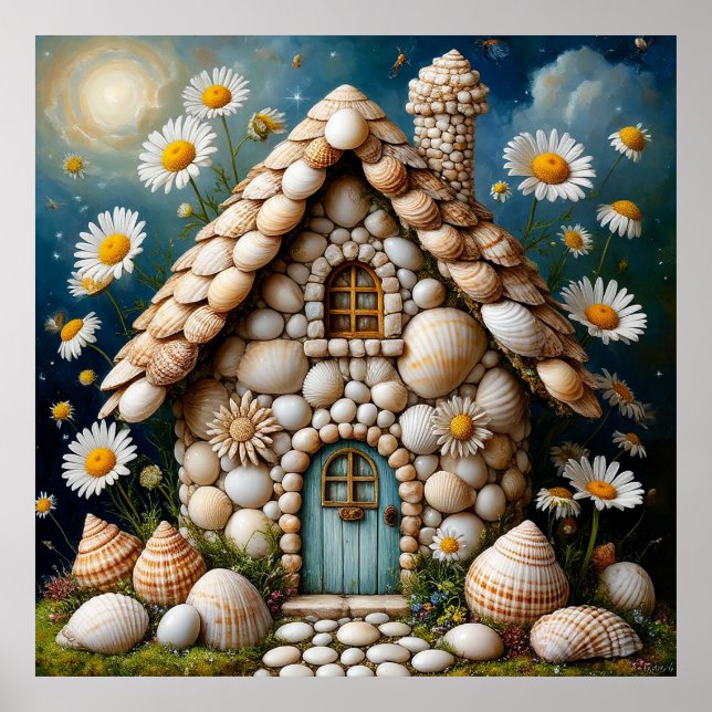 Poster Casa Caprichosa Com Jardim de Flores Vibrantes (Frente)