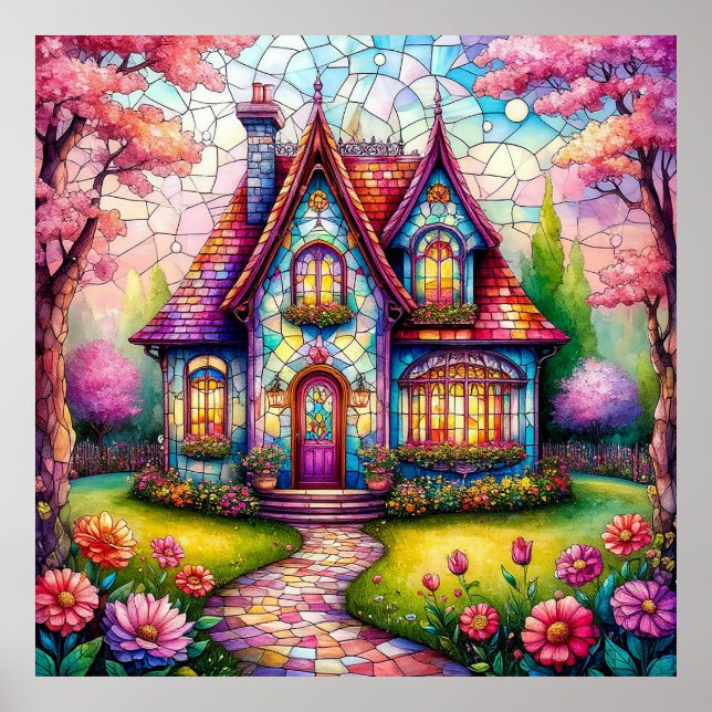 Poster Casa Caprichosa Com Jardim Florido Vibrante (Frente)