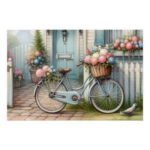 Pôster Casa de Bicicleta Cottage Azul com Cesto de Flores
