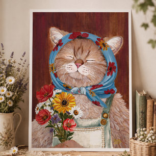 Poster Casa de Bonito Cottagecore com Gato e Flores para 