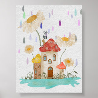 Poster Casa de Cogumelo Caprichosa em Aquarela de Chuva F